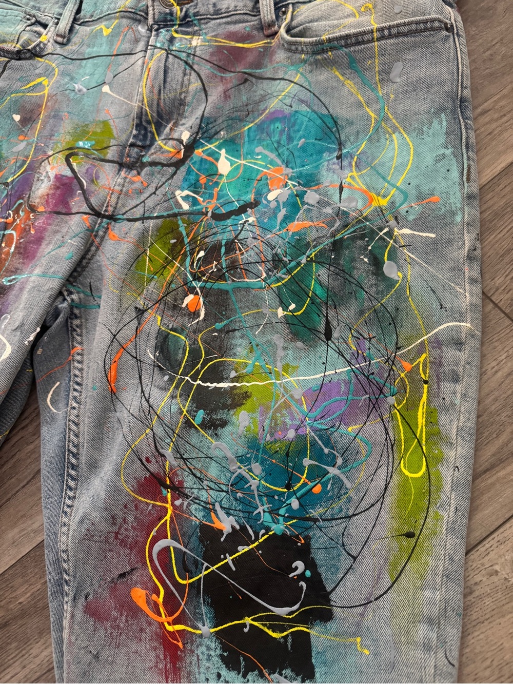 Old Navy Hand Painted Denim Jorts Splatter Vibrant Abstract Shorts 40 x 12 - Picture 2 of 12
